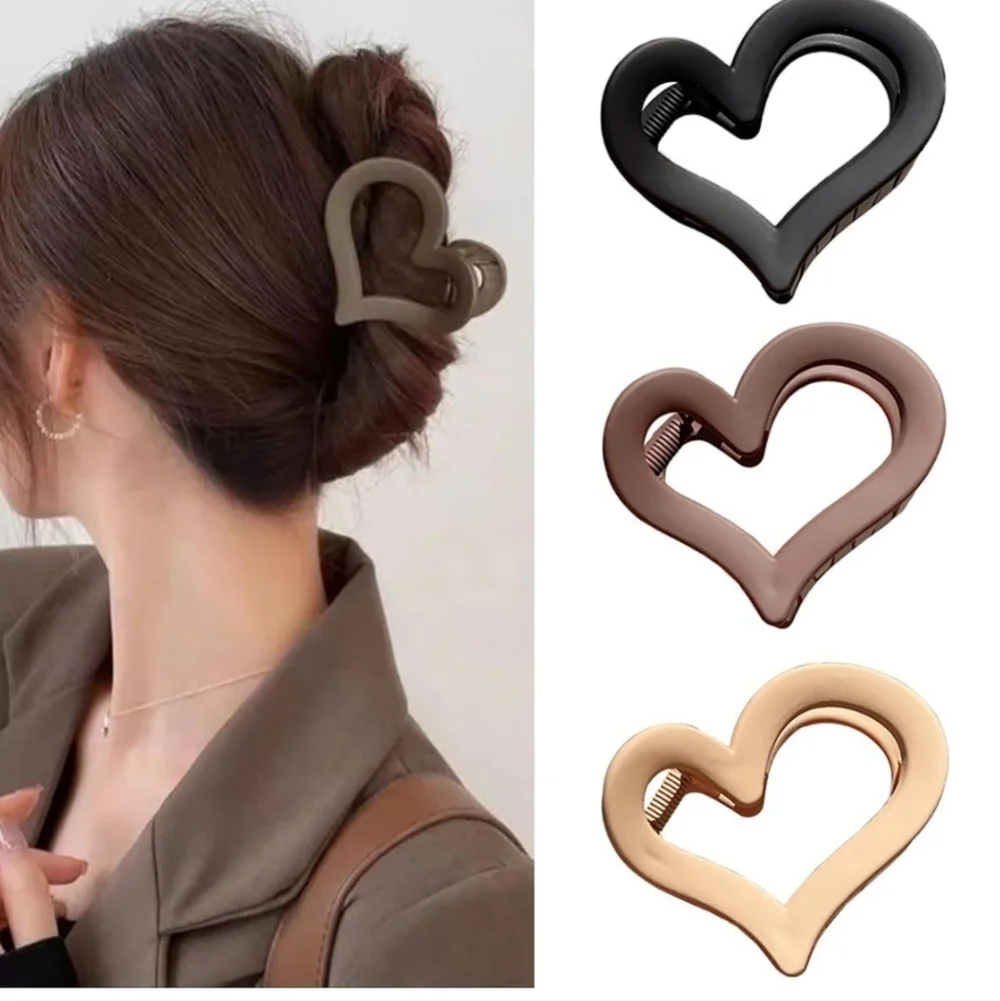 Bundle of 3 Heart-Shaped Hair Clip  Black Brown Tan